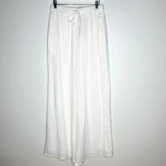 A.Ren Novah White‎ Woven Linen Pants Size Medium Lined Elastic Tie Waist - Picture 1 of 11